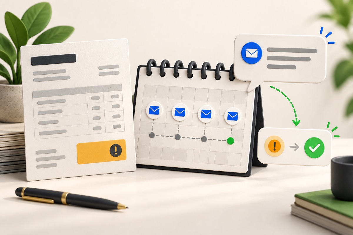 Editorial illustration for Payments Unpaid invoice reminders: four professional follow-up examples
